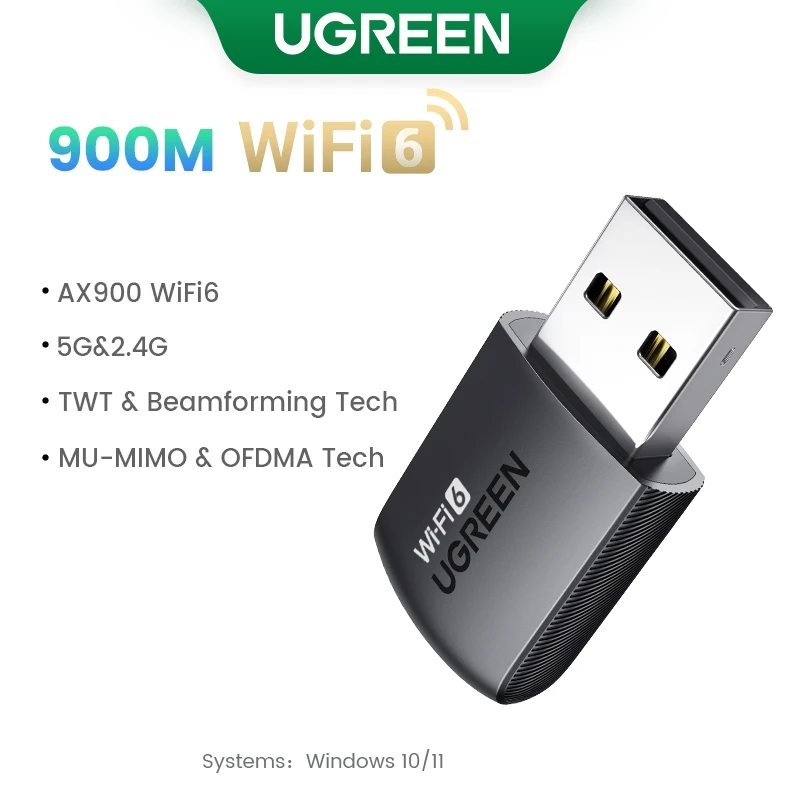 محول واي فاي من UGREEN AC650 AX1800 WiFi6/5 5G & 2.4G USB بطاقة واي فاي دونغل لأجهزة الكمبيوتر المحمول سطح المكتب واي فاي هوائي USB بطاقة شبكة إيثرنت