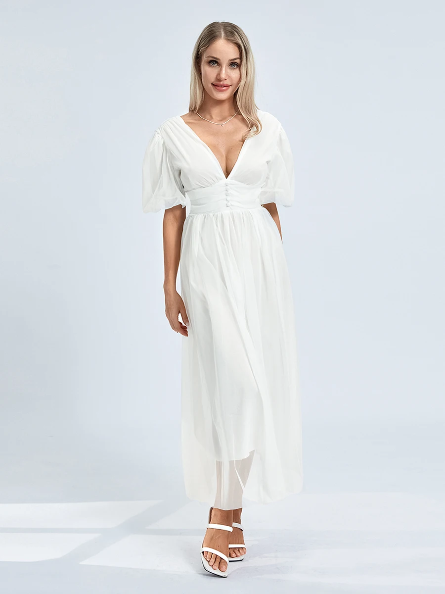 

Женское длинное фатиновое платье Yoawdats, однотонное Бальное Платье макси с короткими рукавами-фонариками, глубоким V-образным вырезом и высокой талией, ярко-двух K на осень