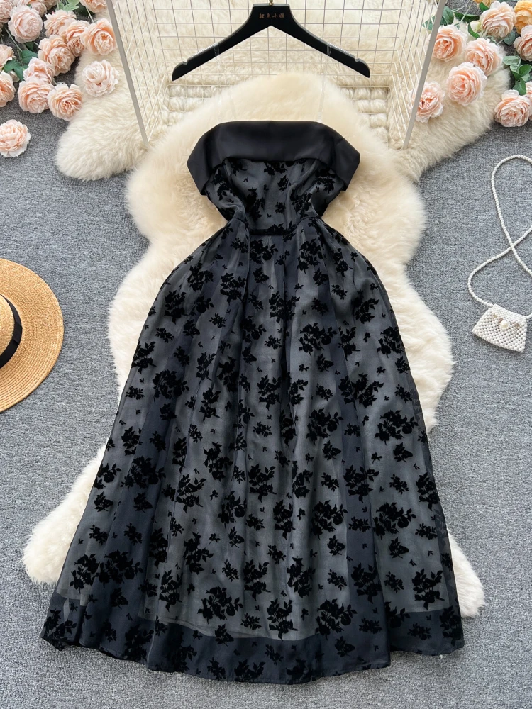 

Women Vintage Jacquard Mesh Dress Summer Off The Shoulder A-line Elegant Party Dresses Ladies Fashion Black Beach Dress Vestidos