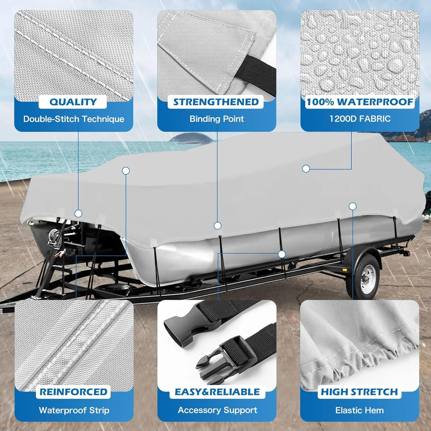 Trailerable 1200D PU Heavy Duty Pontoon Boat Cover, 16-18ft Marine Grade Waterproof UV Resistant Oxford Polyester Canvas Cover