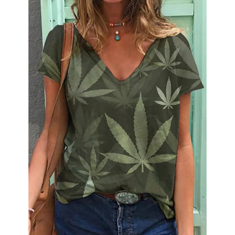 

Summer Women's T-shirt 3d Plant Print V-neck Tops Daily Versatile Short-sleeved Fashion Green Forest Harajuku Women's Tops
