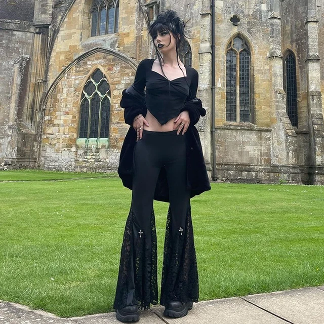 Black Lace Flared Pants Cross Baddie Outfit Alt Harajuku Clothes Cos  Leggings Gothic Pants Goth Ugly Streetwear Women's Trousers - AliExpress