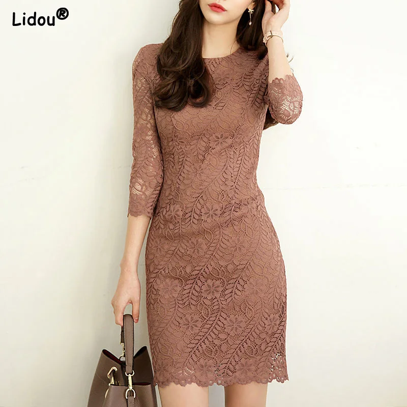 

Mini Skirts Round Neck Lace Solid Color Temperament Simplicity Skinny Dresses Fashion Casual Women's Clothing Elegant Summer