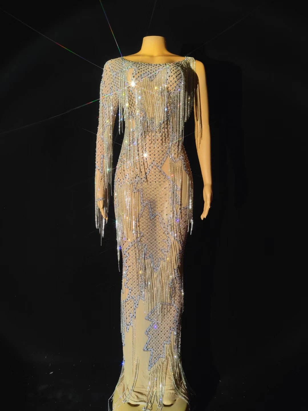 

Sparkly Rhinestone Evening Dress Tassel Chains Sexy Long skirts Party Show Dress Nightclub Prom Evening Gown Singer Stage Outfit