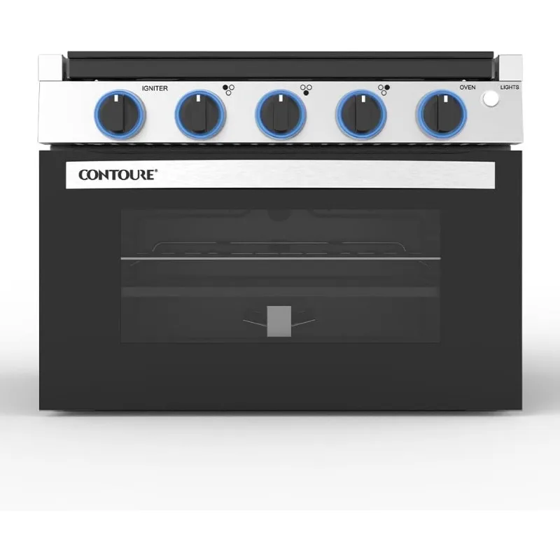 RV 3-Burner Drop-In Gas Range 17"Black with Stainless Steel Accents Dual LED Knobs Easy-Clean Oven Propane-Powered CSA Certified 6
