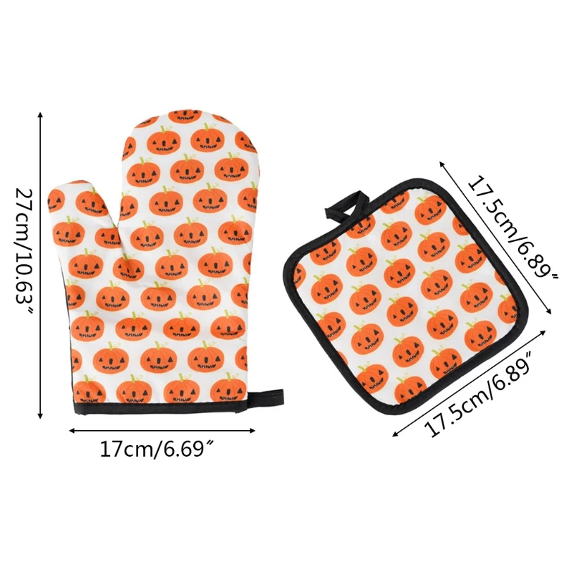 Heat Resistant Oven Mitts Pot Holders Halloween Style with Non-Slip Surface Safe for Baking Cooking Barbecue for Kitchen B03E