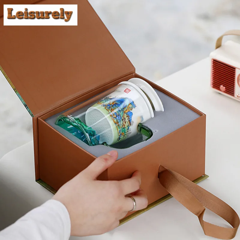 400ML Landscape Glass Office Work Cup Personal Tea Water Separation Mug Large Capacity White Porcelain Filtration Mug Gift Box