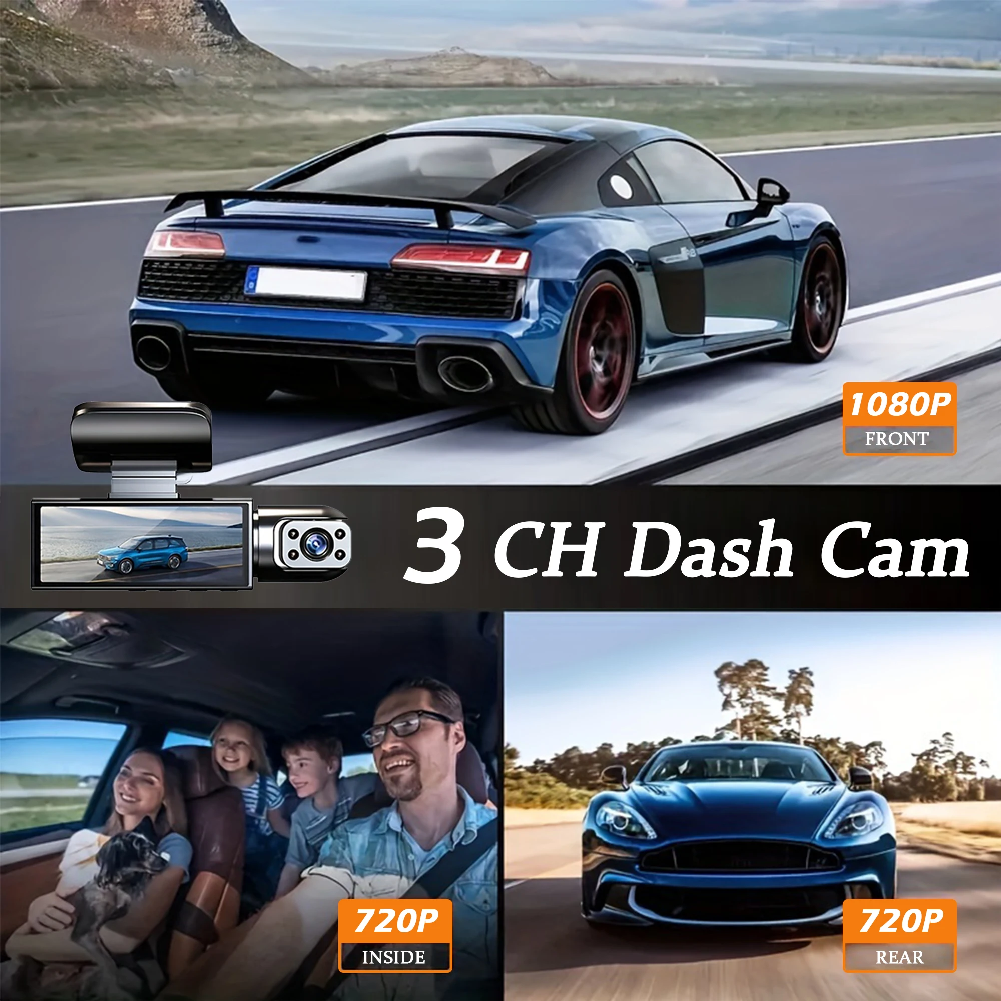 Black 1080P Car Dash Cam with Night Vision and Rear View Camera