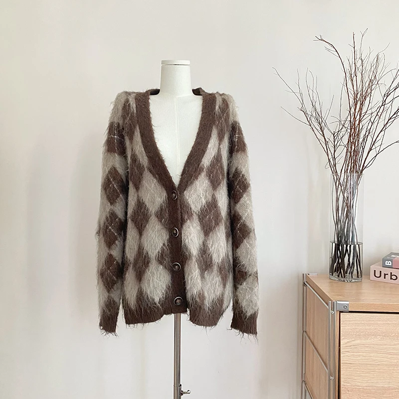 

Винтажный свитер, плотный вязаный кардиган контрастных цветов, Алмазный клетчатый Свободный V-образный вырез, Y2k, зимние топы, Новинка