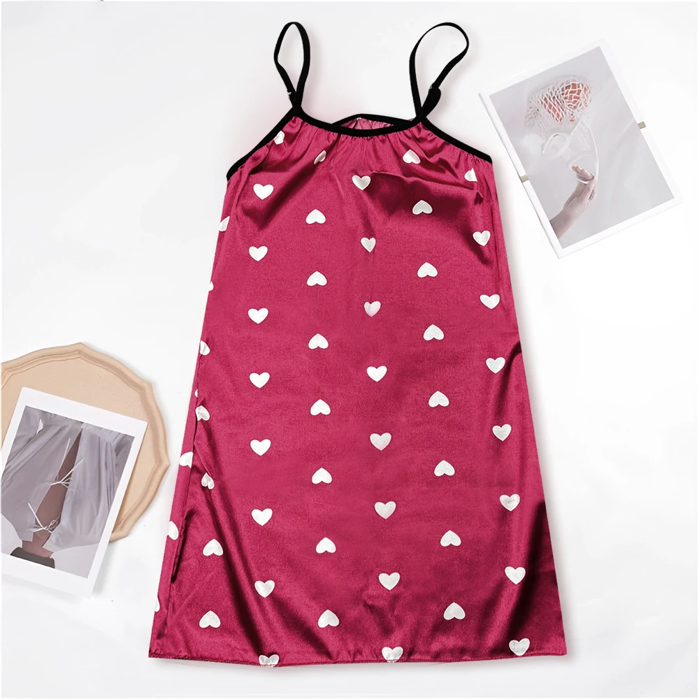 Slip Nightdress Female Summer Sexy Imitation Silk Pajamas Love Printed Ice Silk Comfortable Home Dress Women Nightdresses