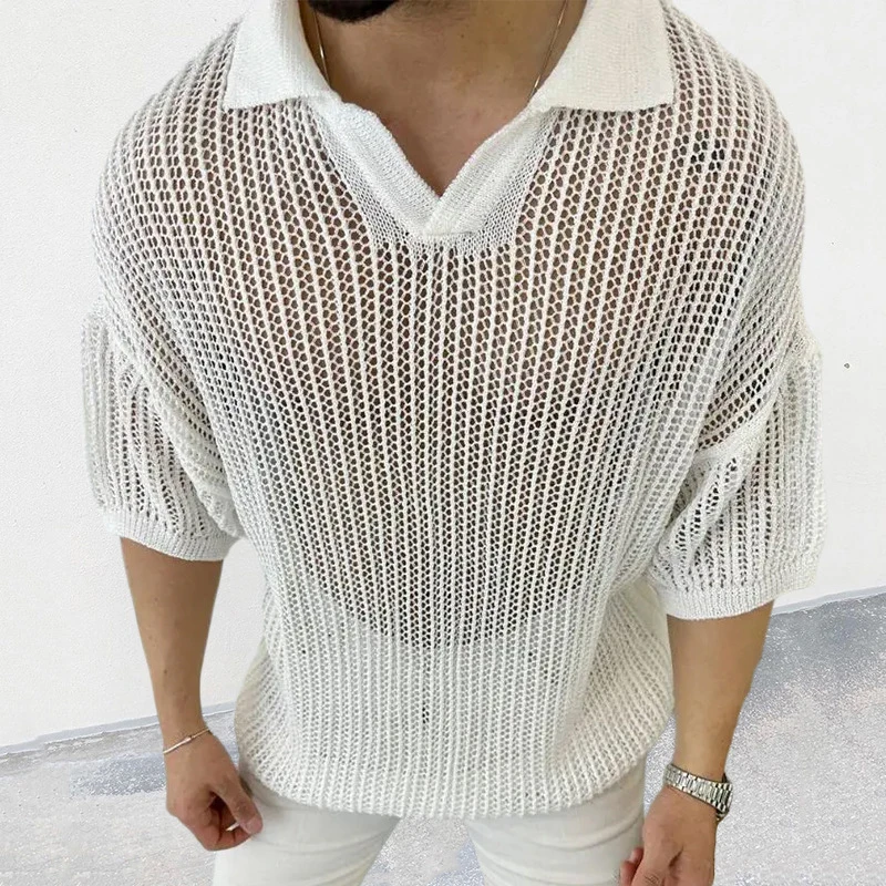 

Casual Hollow Knitted Polo Shirt Men Solid Pullover Short Sleeve Tee t Shirt Lapel Button Tops 2023 Spring Summer Men Clothing