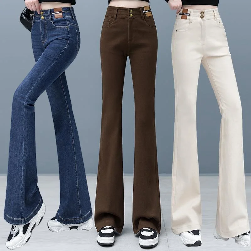 

Women's new fleece thick jeans flare bottoms high-waist stretch warm jeans Winter warm plush mom pants women flare trousers