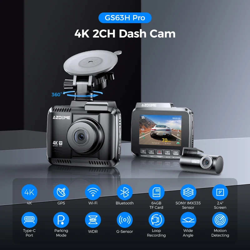AZDOME  DVR GS63H  4K UHD  ķ, 1080P ĸ ī޶, GPS , 5.8GHz   ȳ, ߰ ð, 24 ð  