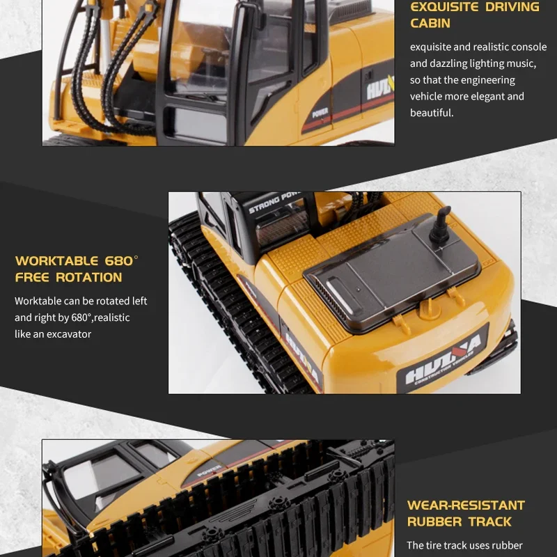 Huina 2.4G 1/14 RC Excavator Truck Track 15CH Charging Alloy RTR Shovel Car Kids Toys Construction Engineering Vehicle Boys Gift 4