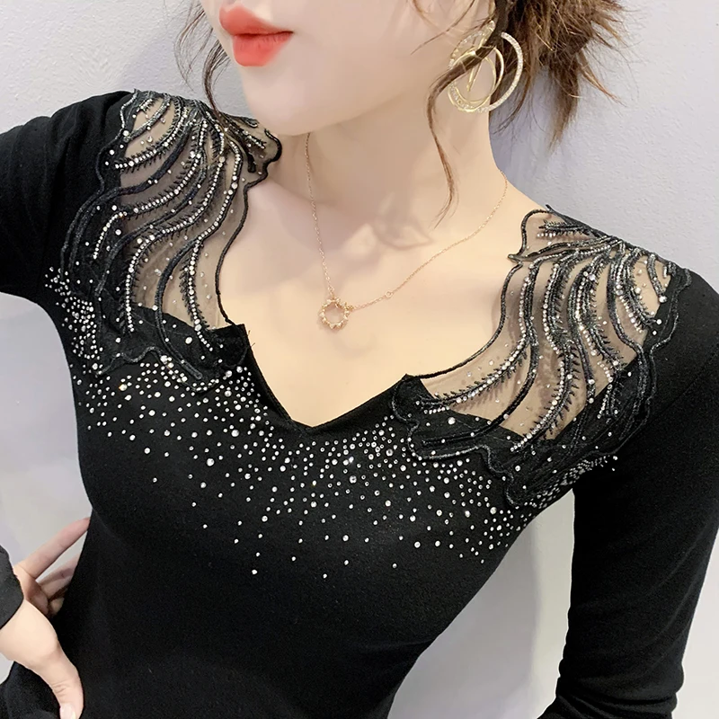 New Autumn Hand Made Diamonds T Shirt Women Mesh Transparent Embroidery ...