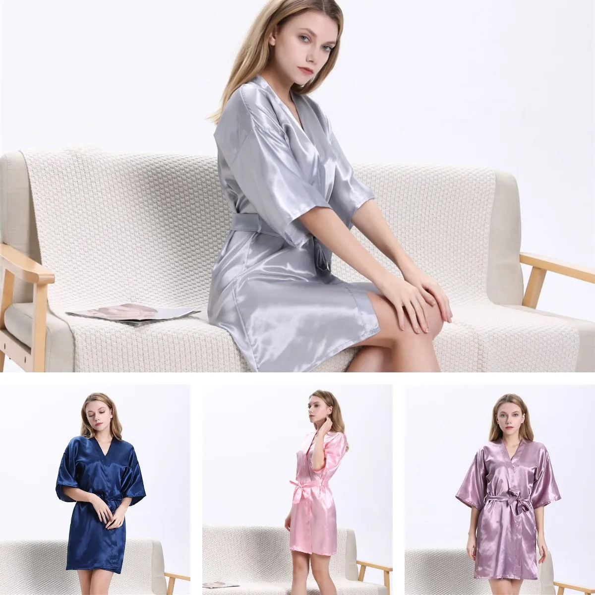 

Женские шелковые халаты чистого цвета, атласные Короткие кимоно, халаты, свадебное платье подружки невесты, женское белье, халаты, мягкий халат, одежда для сна