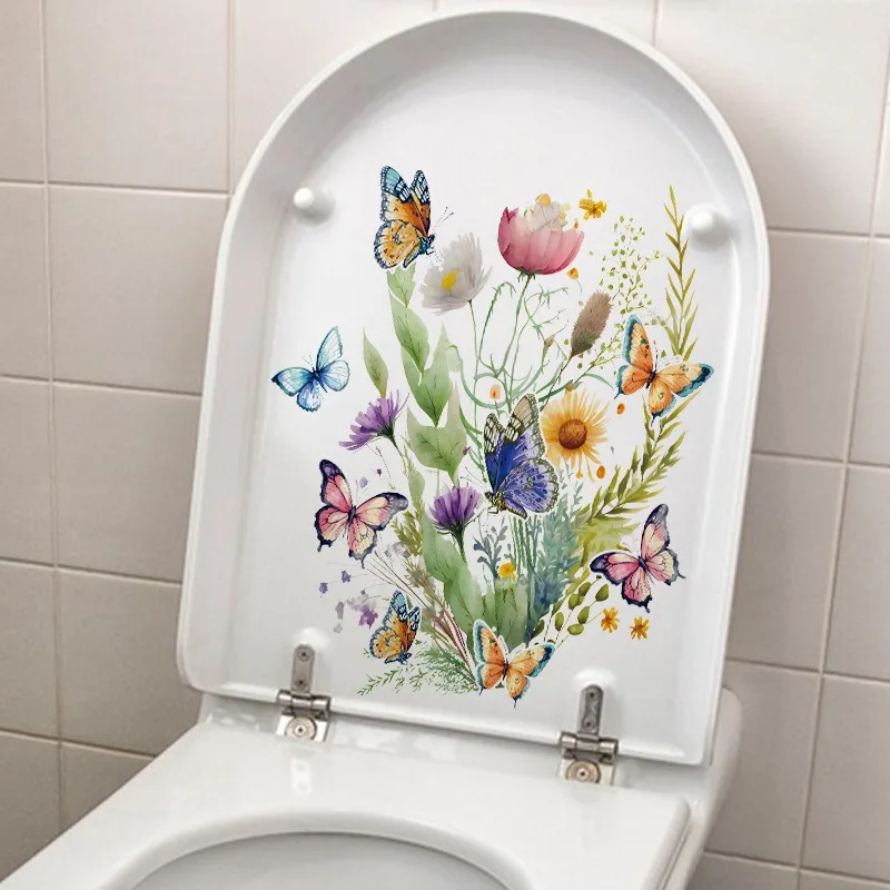 Toilet Stickers Green Plant Leaves Flowers World Butterflies Toilet Stickers Toilet Lid Sticker Bathroom Wall Sticker Cover Decor DIY