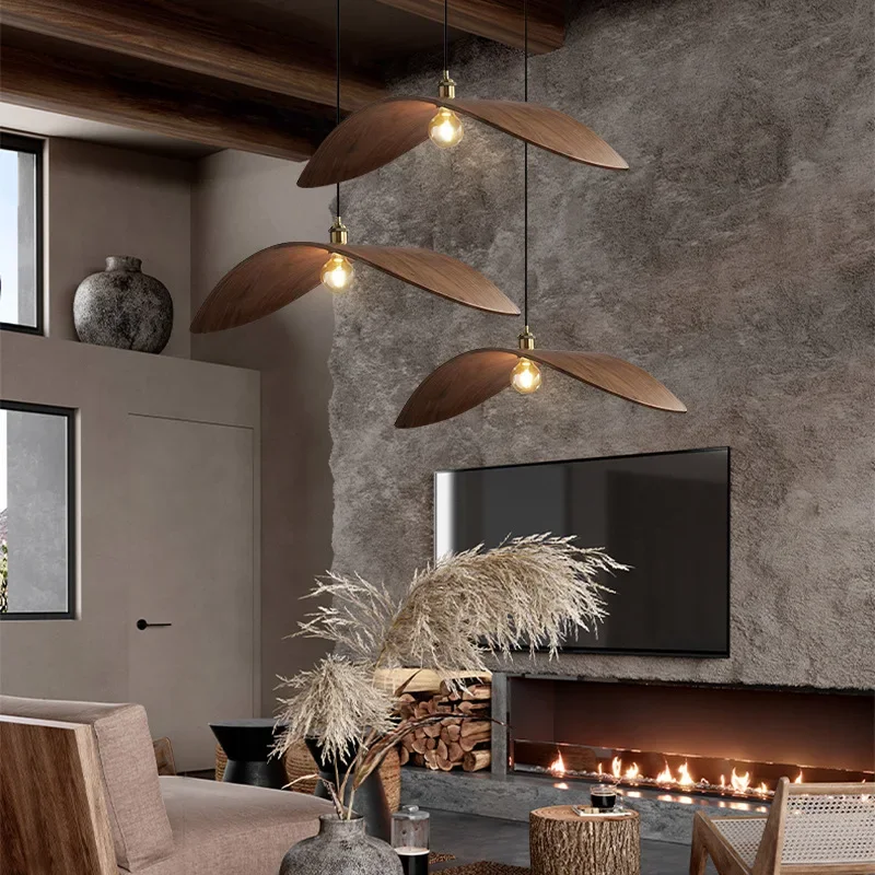 Modern Minimalist Walnut Colored LED Pendant Lamp Study Homestay Restaurant Retro Atmosphere Chandelier Home Decor Light Fixture