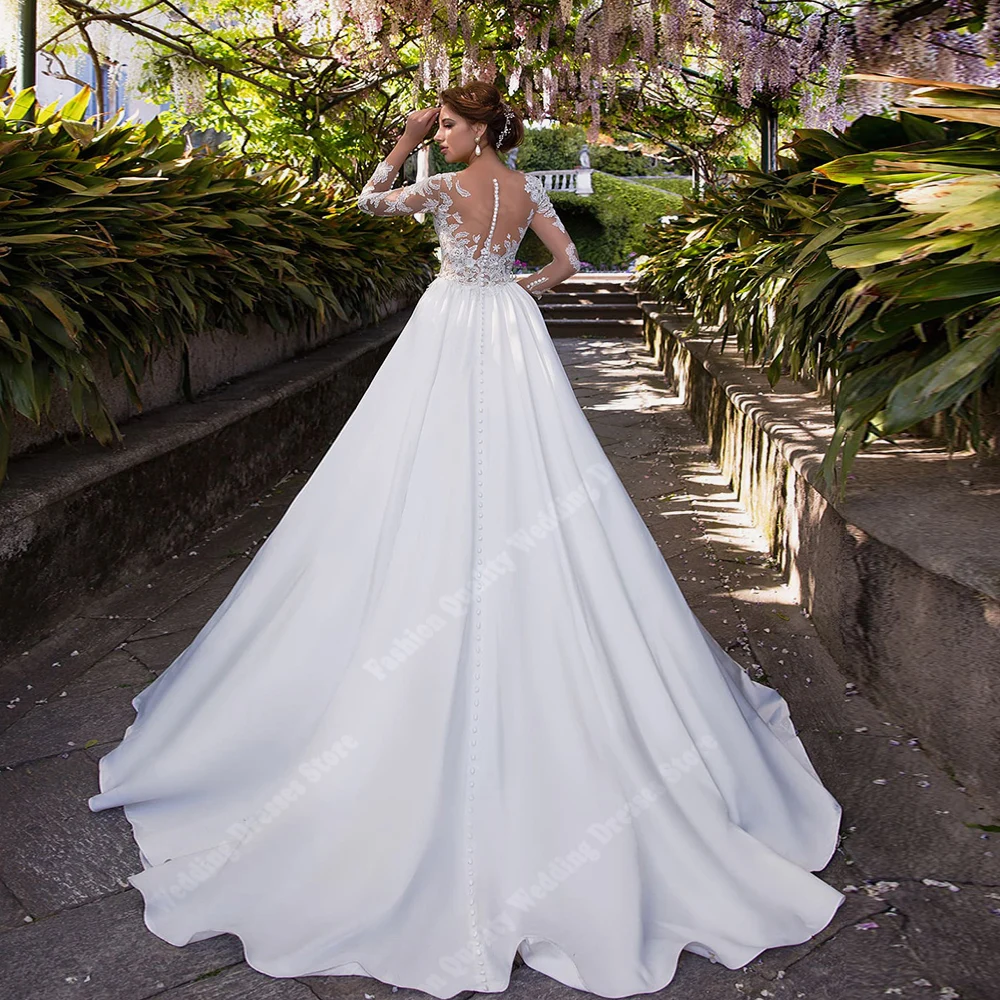 High Quality A-Line Women Bridal Dresses Bright Lace Flower Print Wedding Gowns Graceful A-Line Vestido De Novia 2025 Customized 2