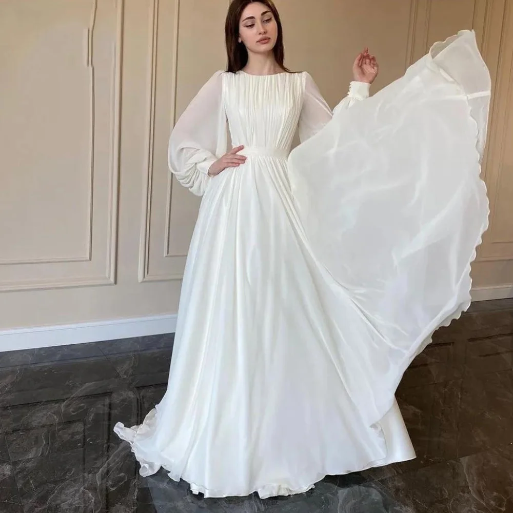 Muslim Ivory A-line Wedding Dresses Satin Draped 2023 New Design Pleat Full Brideing Gown Floor Length O-Neck robe de mariée 2