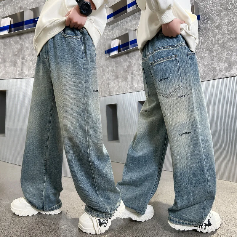 2026 Autumn New Children letters Denim Pants Children Loose Casual Cotton Casual Trousers Korean Style Teens Boys Straight Jeans 3