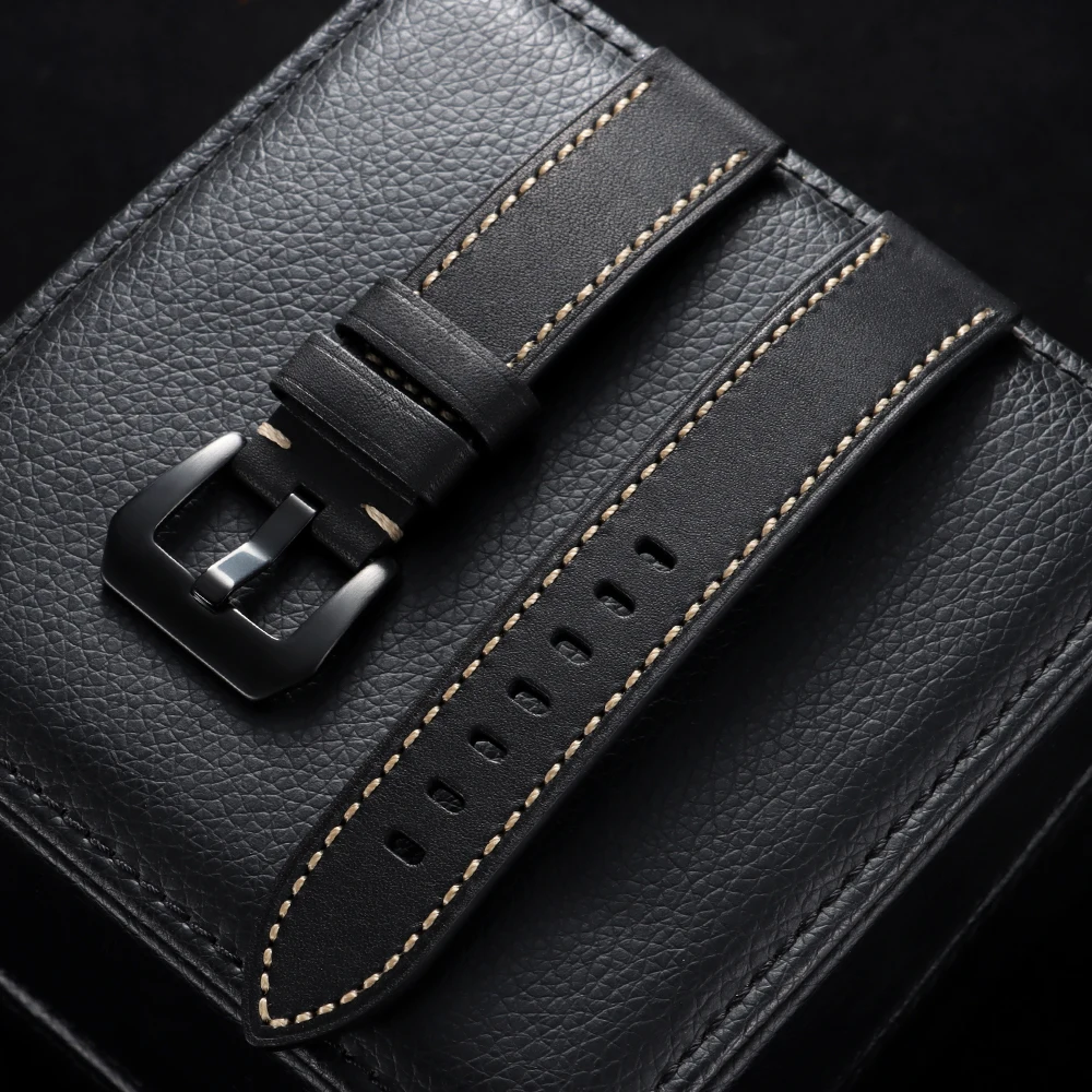 Vintage Stitching Genuine Leather Watch Straps for Men - Quick Release Replacement Top Grain Band