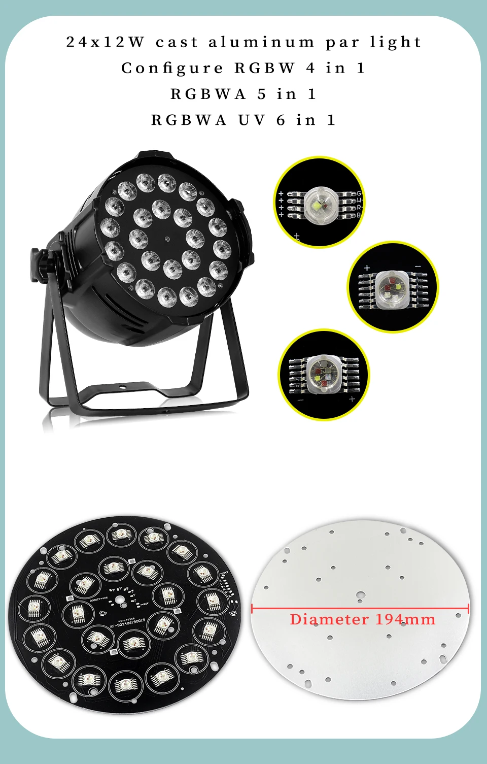 IP65 Wasserdichtes Par-Licht-Reparatur-Set 24x12w RGBWA UV 5in1/6in1 LED-Platine 24X10W RGBW 4IN1 Lampenperle Aluminium Par – Detail 7