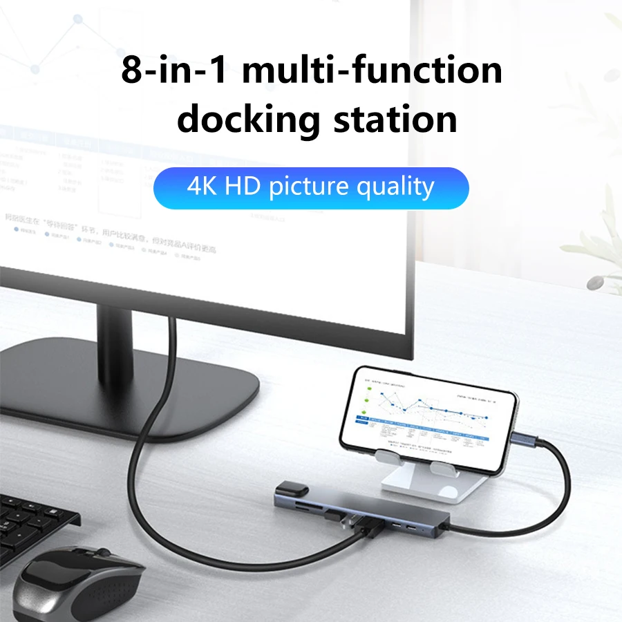 USB C HUB 8 in 1 Type C Adapter with 4K HDMI 87W PD USB Docking Station RJ45 for Phone MacBook Pro Air Laptop Pad Card Reader