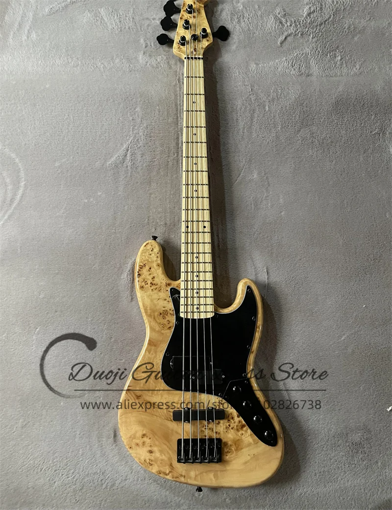 

5 струн электрический бас Jaz Body гитара из натурального материала Brul Maple Top ASH Wood Active Battery Black Pickguard Factory Custom