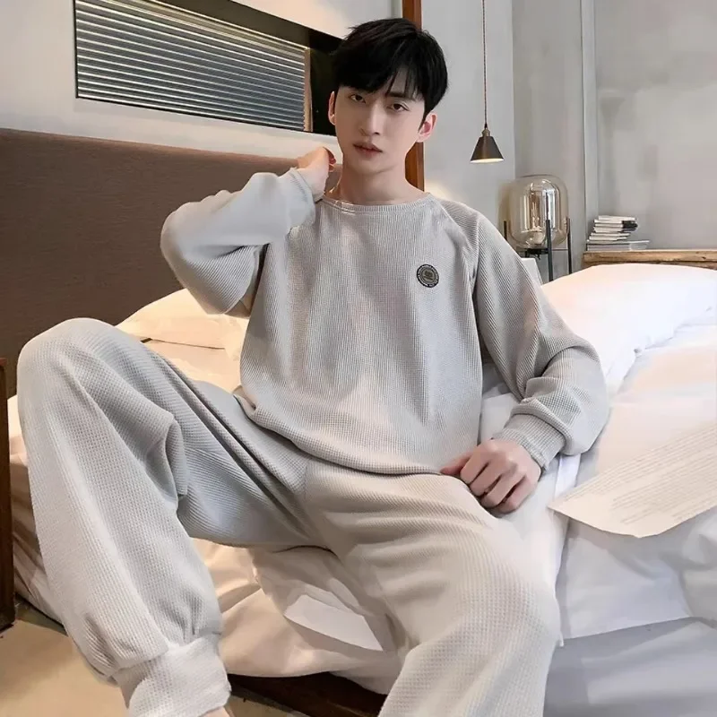 2024 New Cotton Pajamas Men's Spring Autumn Long Sleeve Sleepwear Suit Casual Waffle Loose Loungewear Round Collar Homewear