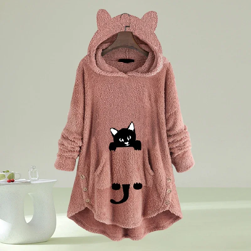 

Толстовка с капюшоном и мультяшным котом, женский зимний флисовый Свободный пуловер с длинным рукавом, топы, уличная одежда, повседневные толстовки, пушистая теплая домашняя одежда