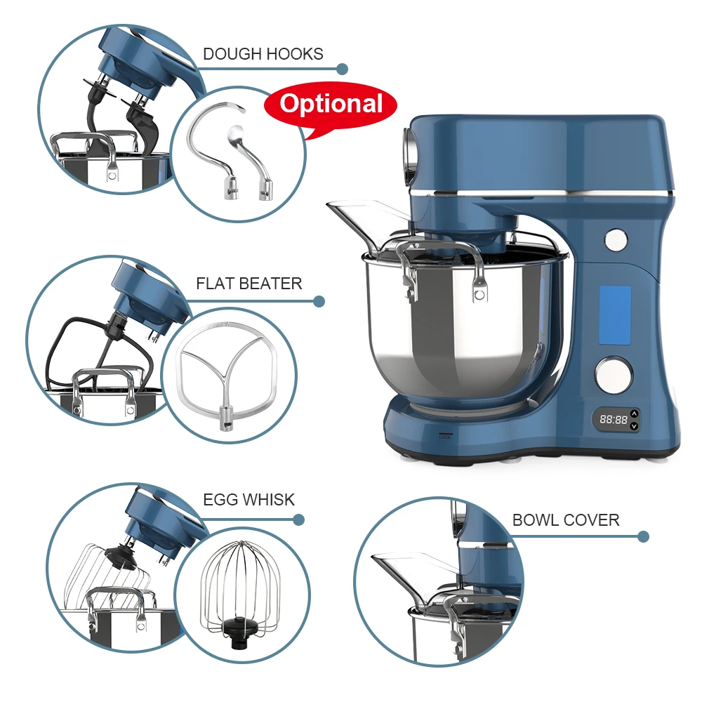 Premium LED Display 6 litre Metal Cast DC Motor 800w Super Quiet Low Noise Stand Mixer for Baking Cake Dough Kneading