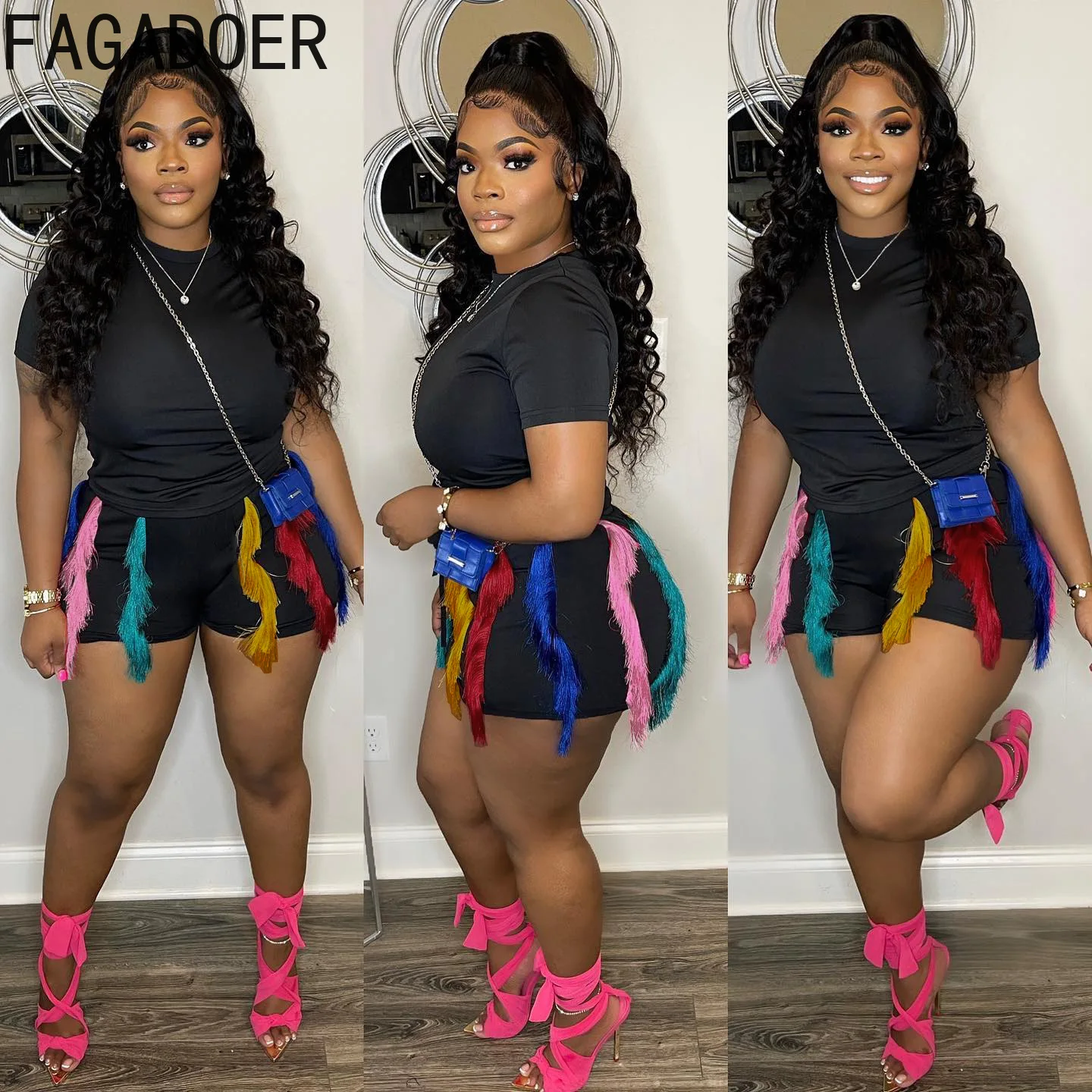 

HLJ&GG Summer Casual Two Piece Sets Womens Outfits Solid Round Neck Tshirt and Colorful Tassle Shorts Sweatsuit for Women Suits