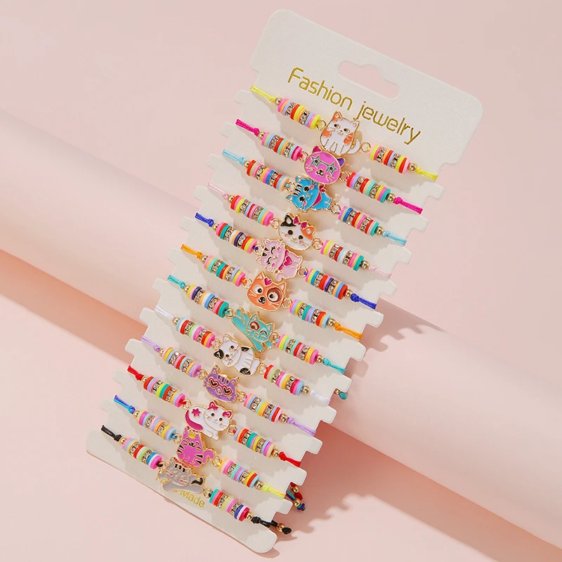 12Pcs/set Cute Cat Colorful Rope Rainbow Unicorn Charm Bracelets For Women Girls Birthday Christmas Jewelry Friendship Gift