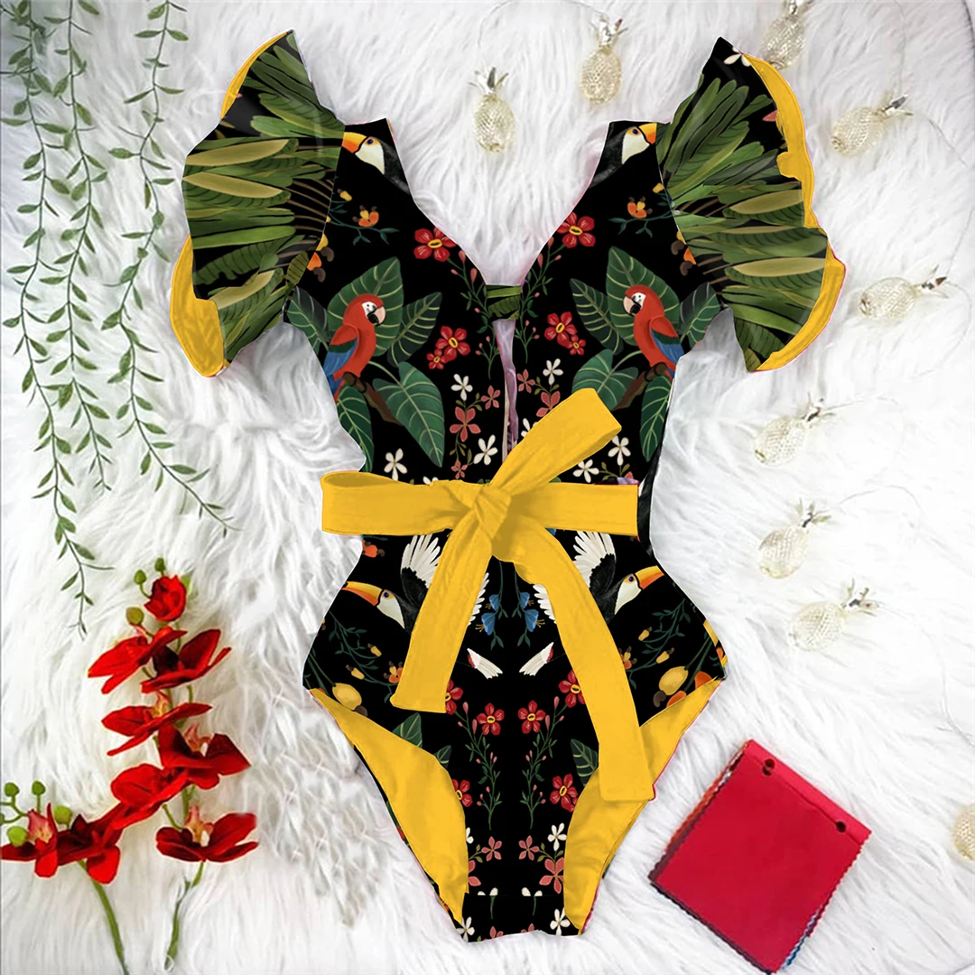 One Piece Swimsuit Deep V-neck Ruffle Push Up Backless Monokini