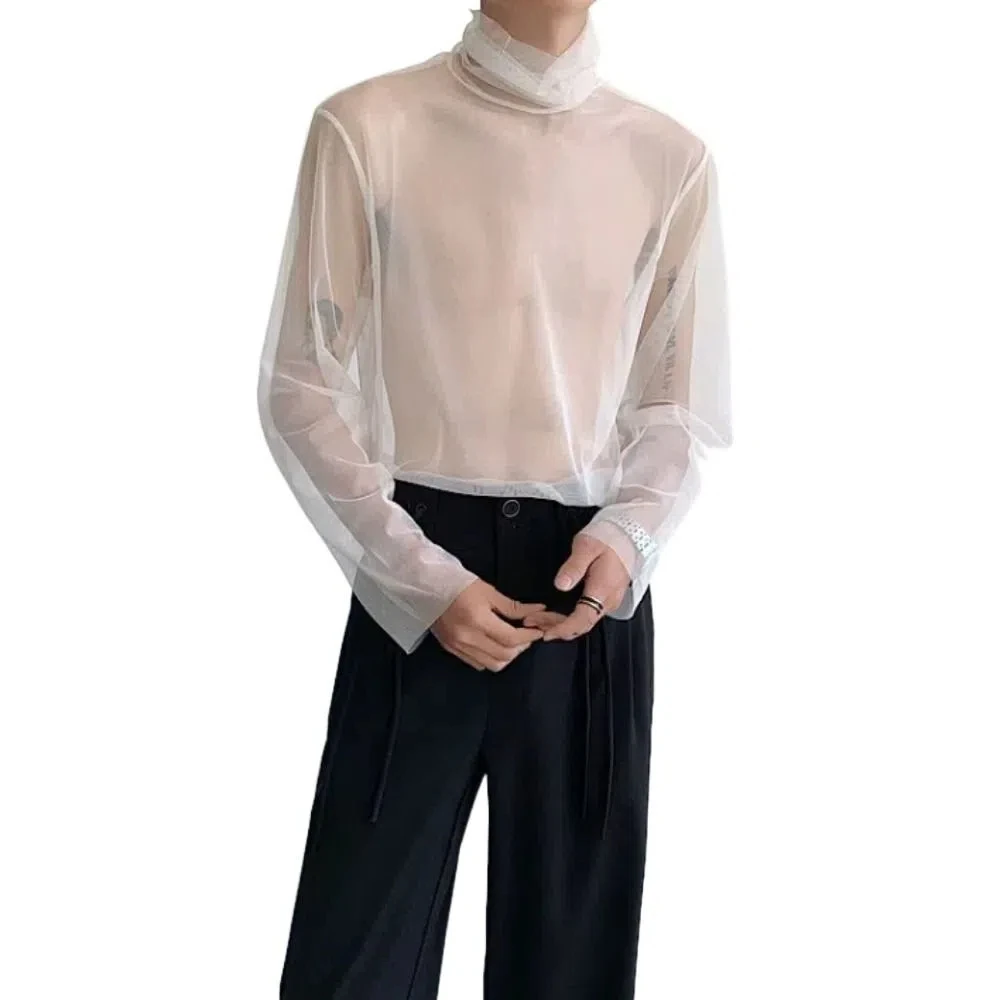 Chic See-through Transparent T-shirt Streetwear High Collar Long Sleeve T-shirt Undershirt Solid Color Mesh Top Men Nightclub
