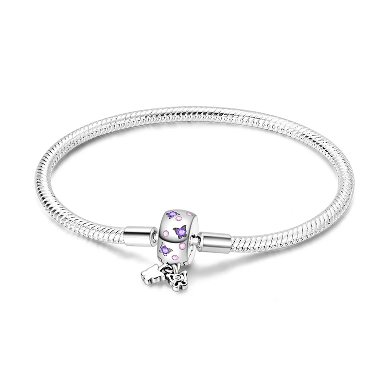 

New Arrivals 925 Sterling Silver Pink Purple Butterfly Snake Bone Bracelet Women's Romantic Engagement Jewelry Accessories