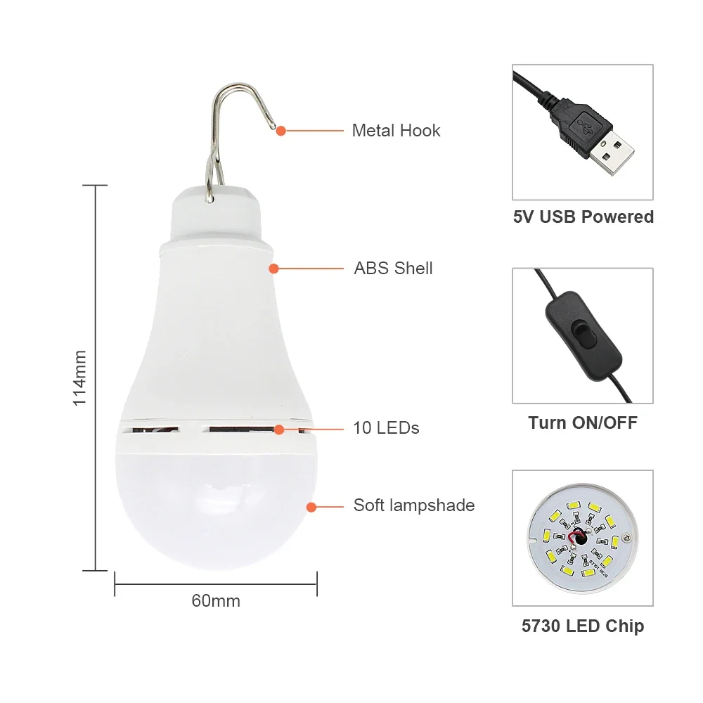 USB Port LED Lamp Bulb Portable Emergency Night Light Cold White Turn on/off for Outdoor Hiking Camping Fishing Travel etc.