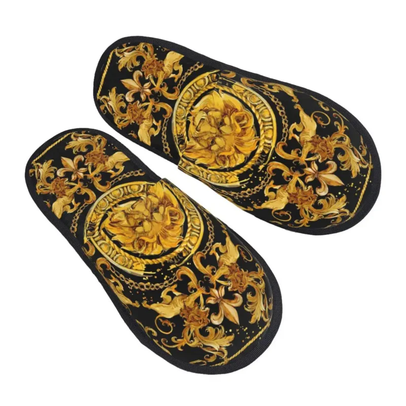 

Golden Lion And Damask Ornament Comfort Scuff Memory Foam Slippers Women Baroque Hotel House Shoes