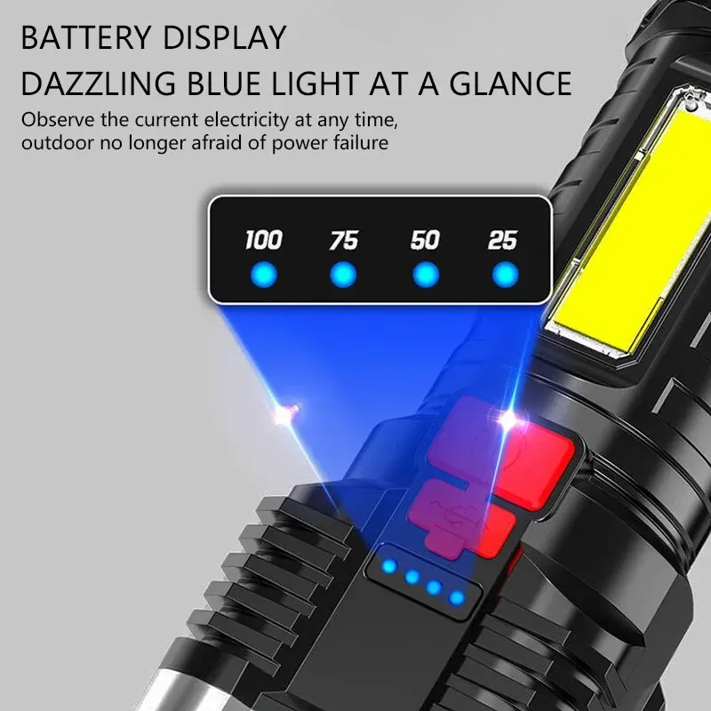 5LED 고출력 LED 손전등, 충전식 캠핑 스포트라이트, 측면 조명 포함, 3 가지 조명 모드, 야외 캠핑 모험