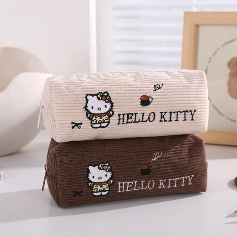 카와이 헬로 키티 연필 상자 귀여운 산리오 벨벳 레오파드 패턴 대용량 메이크업 가방 연필 가방 학생 문구 선물