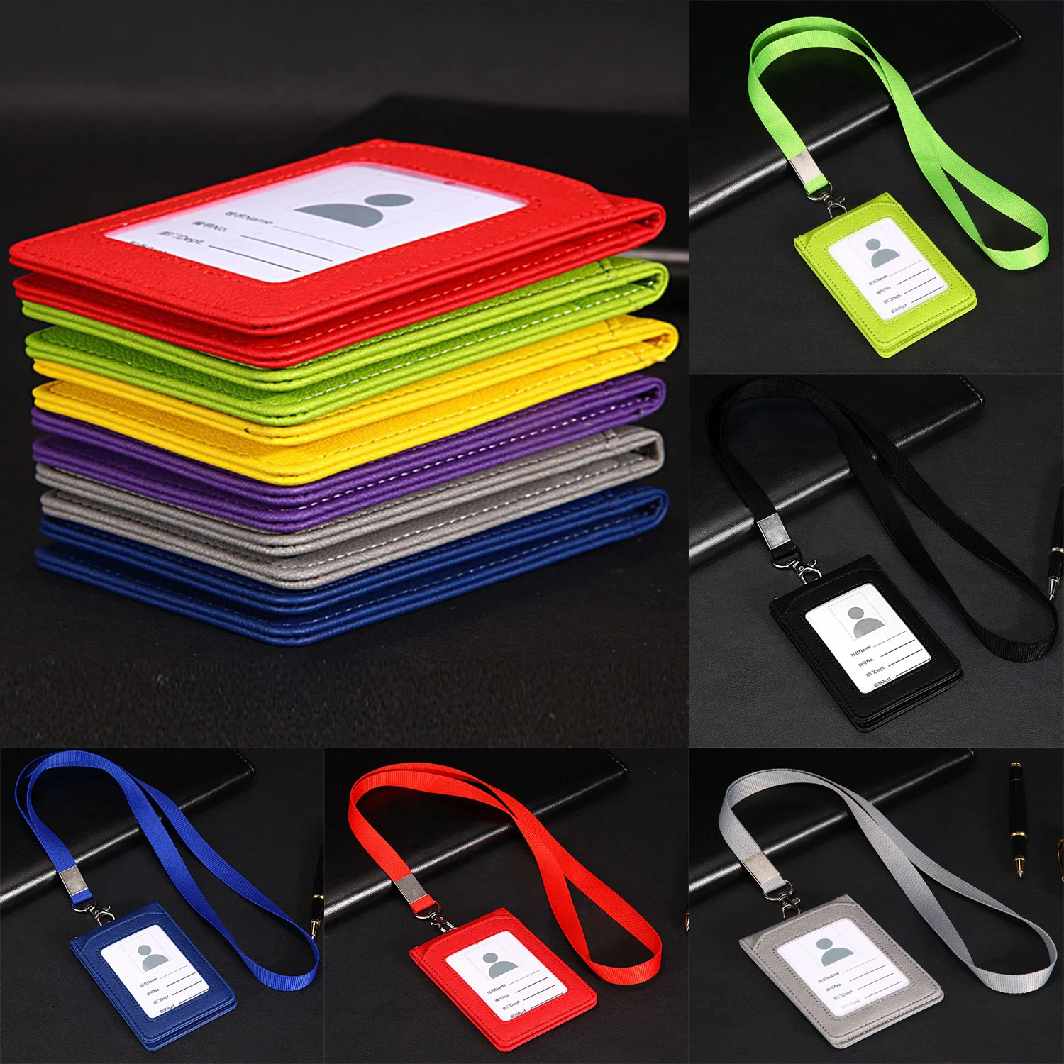 

Retractable Badge Lanyard Work Name Business Card Cover Women Men Bank Credit Card Holder PU Leather Bus ID Card Pocket Wallet