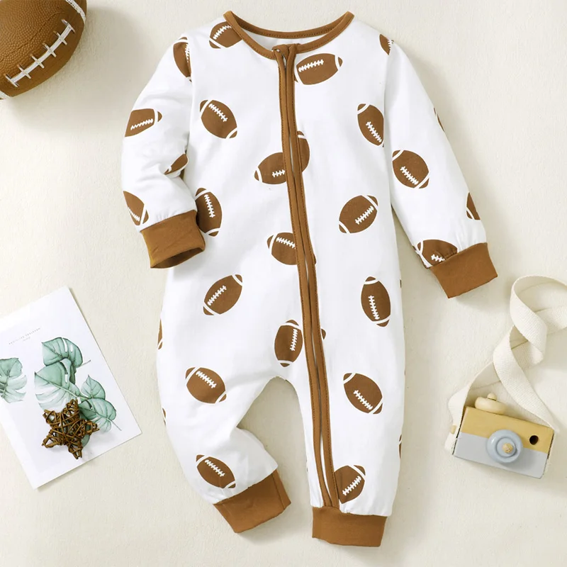 Citgeett Autumn Infant Baby Girls Boys Romper Rugby Print Long Sleeve Jumpsuits Fall Casual Clothes Zipper Suit