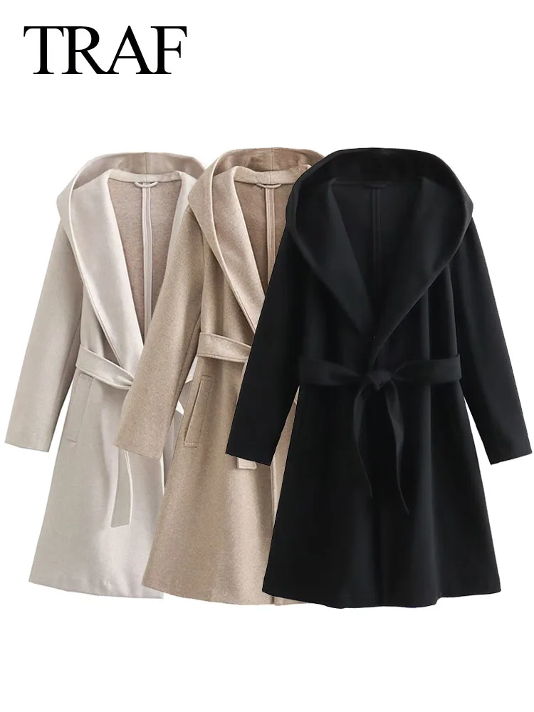 

TRAF Female Slim Chic Warm Coats Solid Color Hooded Long Sleeve Belt Pockets Women's Fashion Autumn Chic Straight Overcoats
