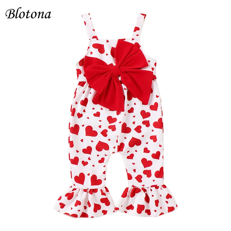 

Blotona Baby Girls Valentine's Day Jumpsuit Sleeveless Heart Print Bow Decorathed Suspender Pants Overalls 3-24Months