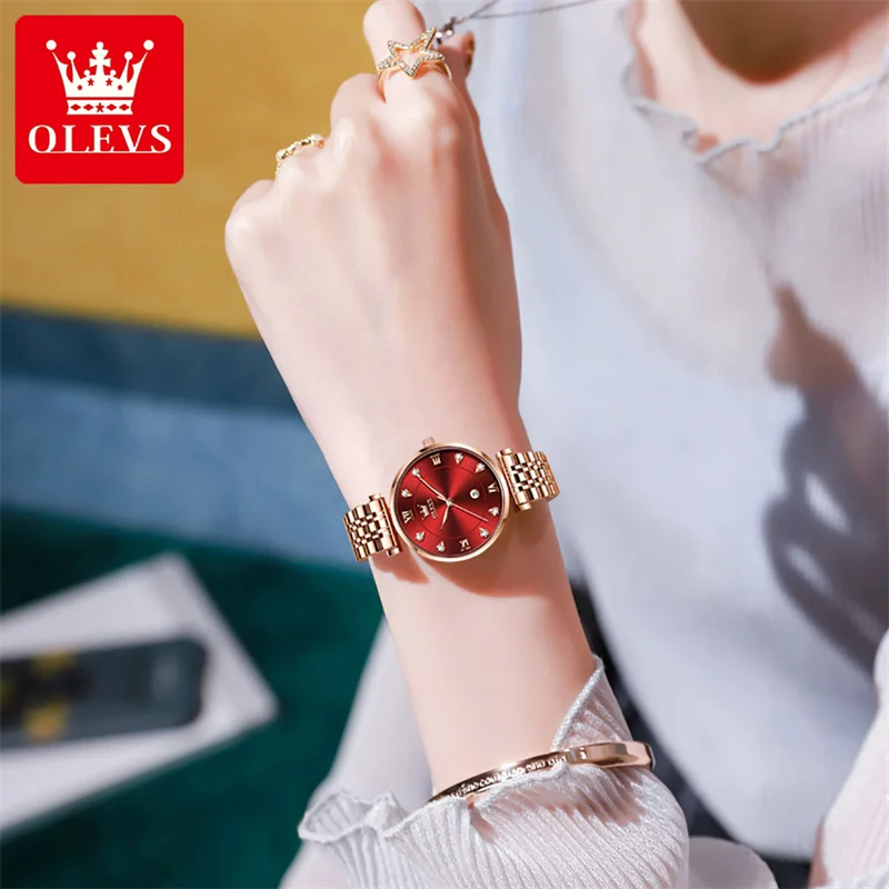 2023 OLEVS Luxury Fashion Rose Gold Diamond Women Watches Wine Red Female Quartz Wrist Watch Ladies Reloj Mujer Relogio