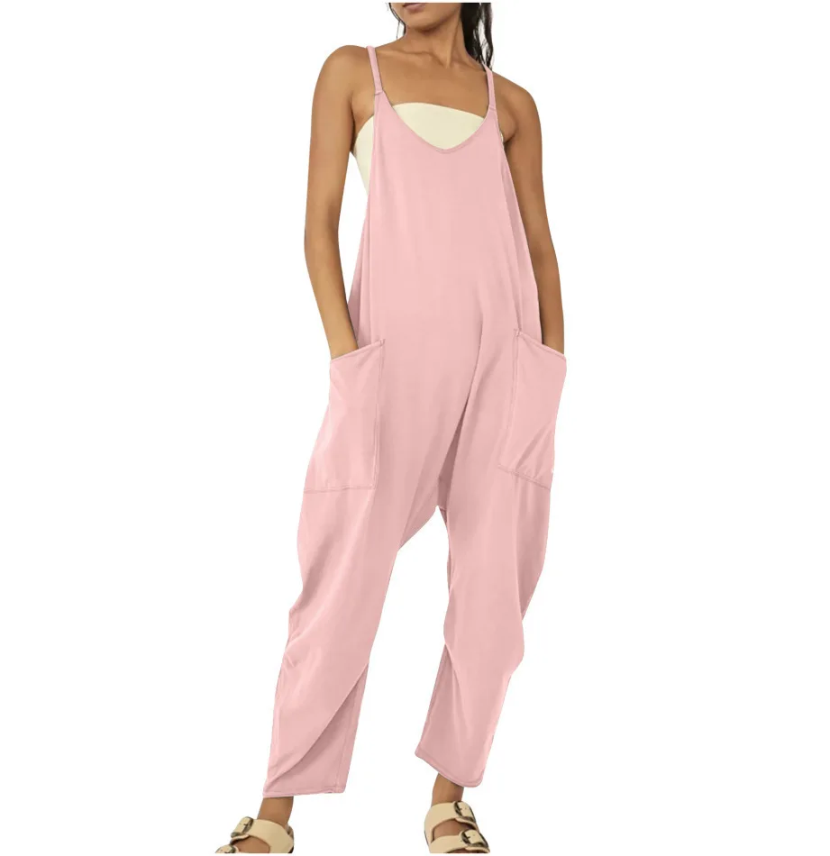 

Women's Pants Jumpsuit Solid Color V Neck Casual Home Wide Leg Regular Fit Sleeveless T-shirt Sleeve All Seasons