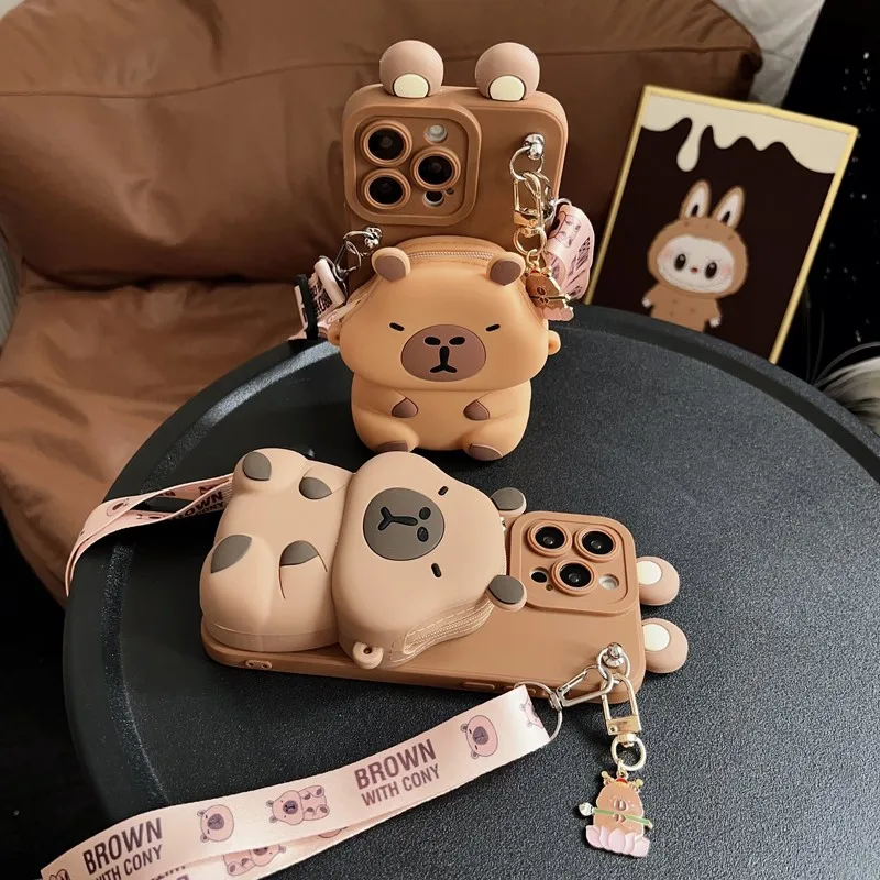 Kapibala 3D Cartoon Phone Wallet Case with Rope