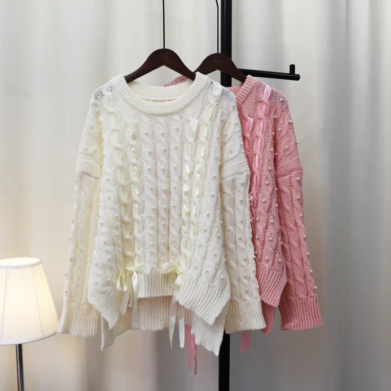 

Beading Beige Color Fashion Women Sweater Full Sleeves Knitting Autumn Loose Casual Lady Pullovers Tops Jumper