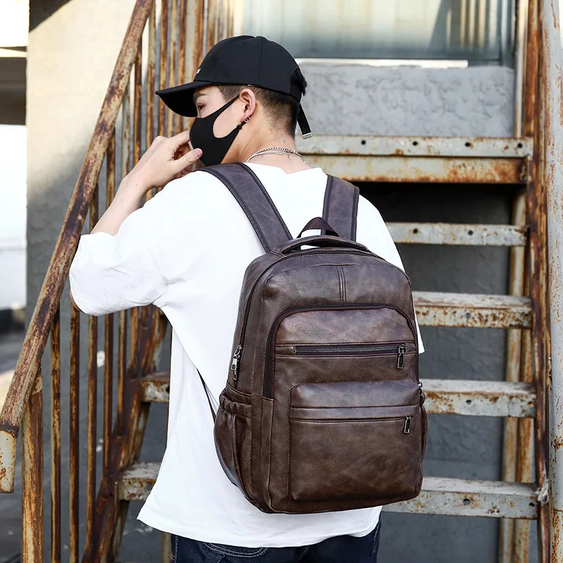 High Quality USB Charging Backpack Men PU Leather Bagpack Large Laptop Backpacks Male Schoolbag for Teenagers Boys Wholesale